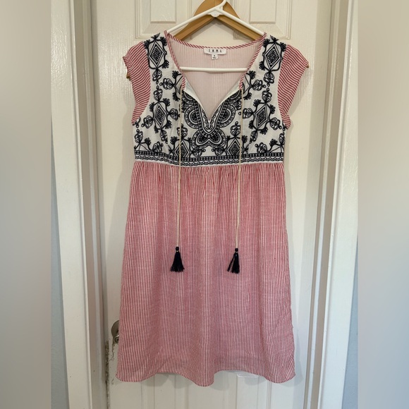 THML Dresses & Skirts - THML Red and White Mini Dress with Black Embroidery